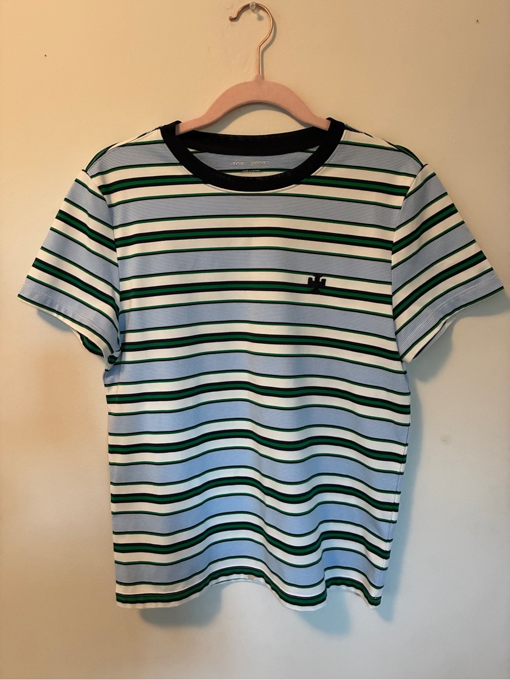 Tory Burch Sport Light Blue Striped Crewneck Tee with Green and Navy Accents